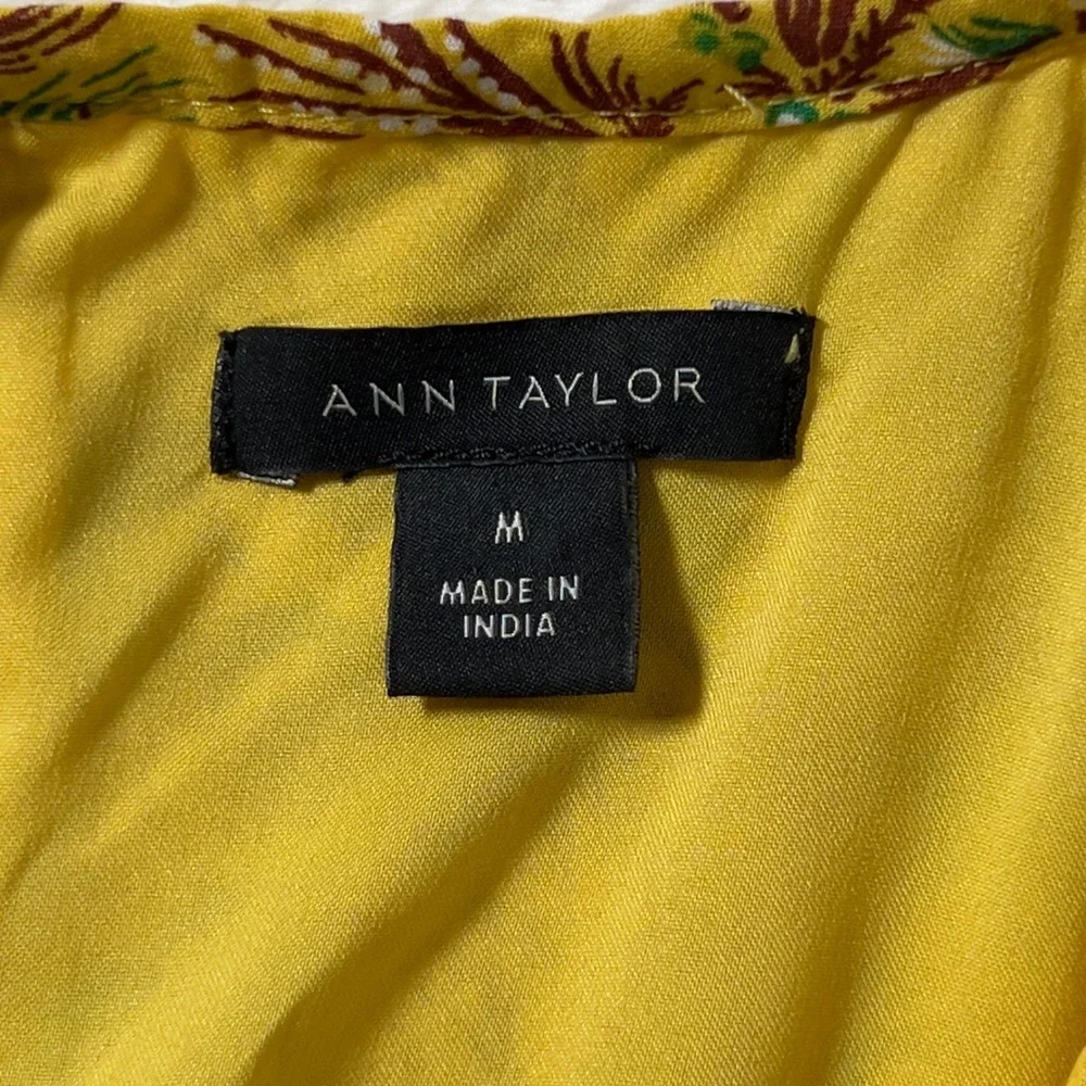 Ann Taylor Yellow Tropical Palm Print Maxi Dress Flutter Sleeve Pom‎ Pom Medium